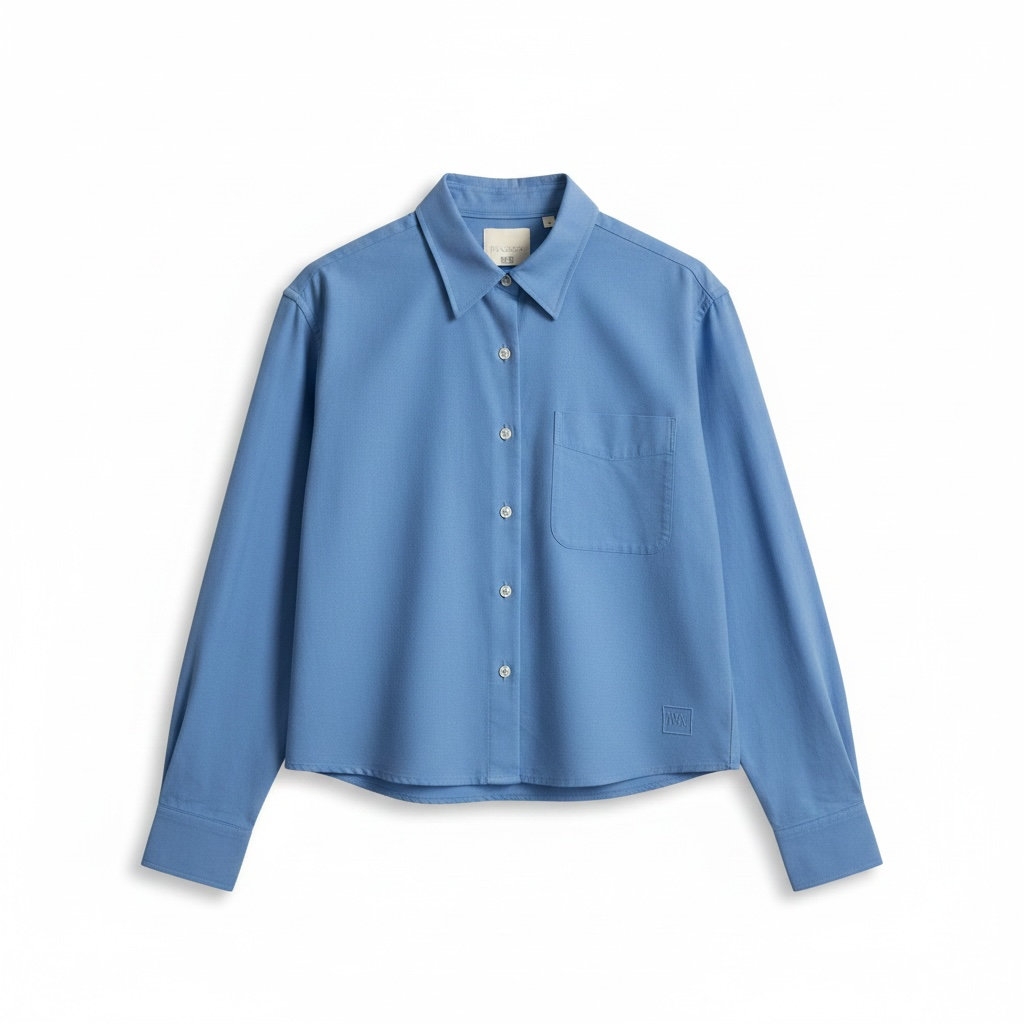 Solid French Blue L/S Cropped Button Front Shirt