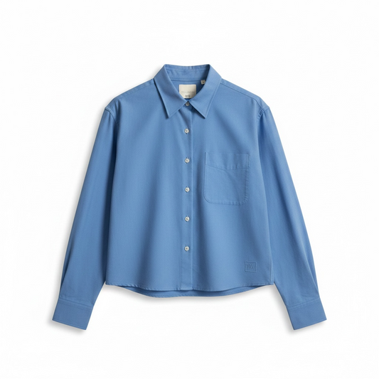 Solid French Blue L/S Cropped Button Front Shirt